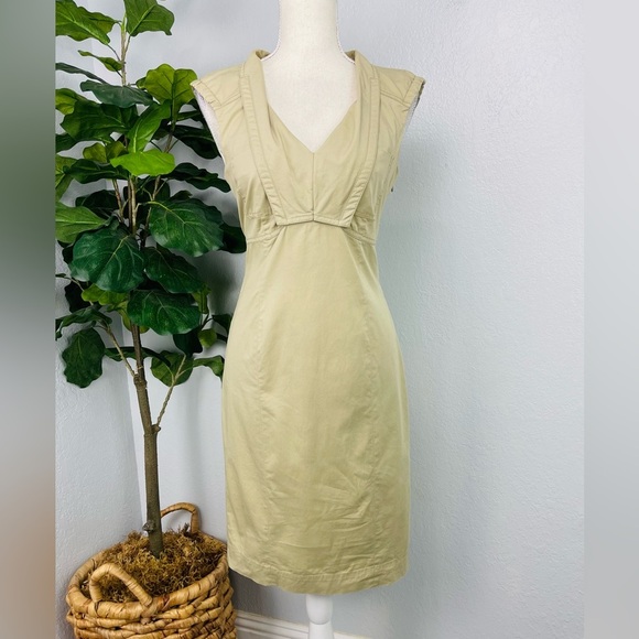 MaxMara Khaki V Neck Collar Shirt Sheath Pencil Midi Dress - Picture 1 of 8